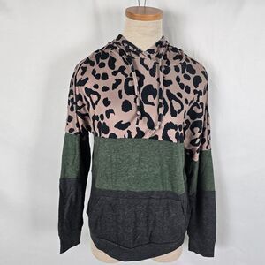 Leopard Print Hoodie Women's S Army Green Tan Black Pockets Long Sleeve NWOT